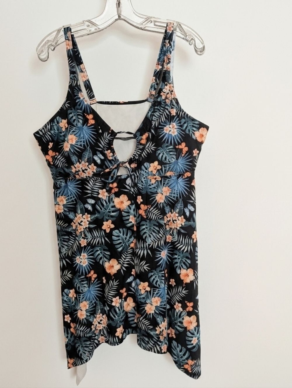 Black Tropical Floral One-Piece Swim Dress 4XL V-Neck Handkerchief Hem Plus Size - Picture 6 of 6